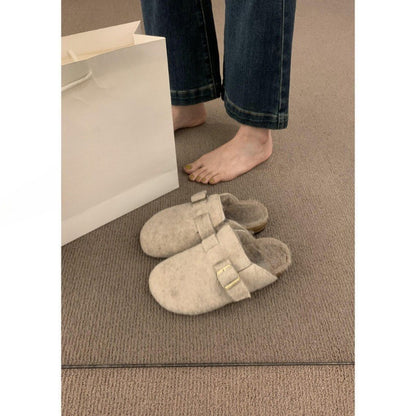 Cork-soled thick-soled fluffy shoes for women, warm cotton shoes for autumn and winter, one pedal bag head and half slippers, woolen Birkenstocks