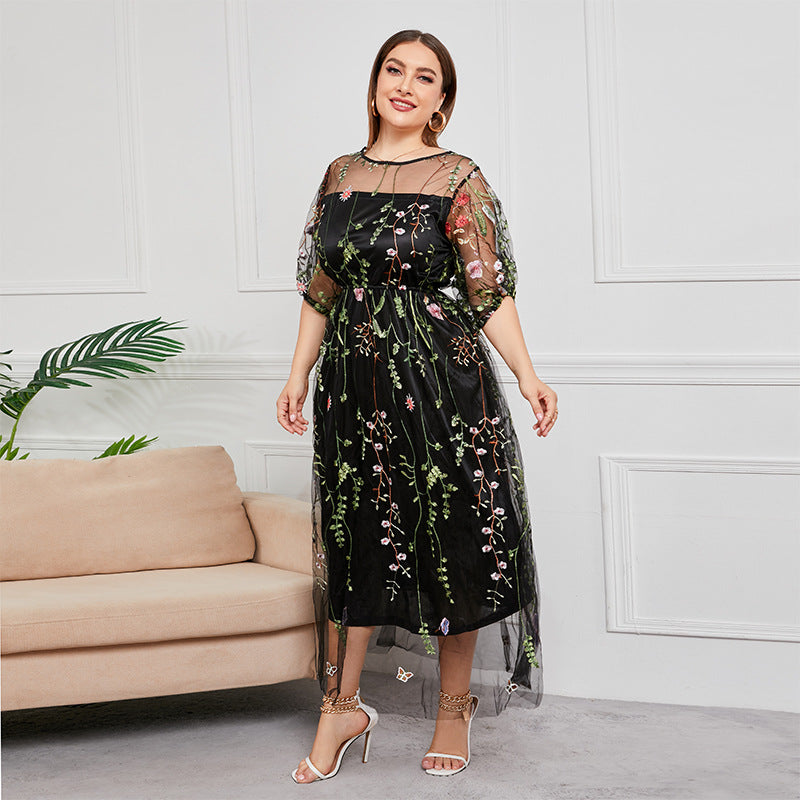 XIEYINSHE French Hepburn Style plus Size Dress Dress Women's Mesh Embroidered Banquet Party Long Dress 100.00kg Wear