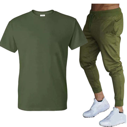 VLOVELAW  Summer Men's Solid Color Simple Set Crew Neck Cotton T-Shirt + Trousers Fashion Hundred. Match Two-piece Set