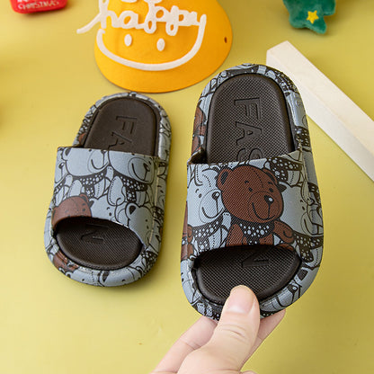 VLOVELAW Children's Printed Cartoon Big Bear Slippers Female Parent-Child Big Children Medium and Small Children Outer Wear Home Non-Slip Parent-Child Sandals