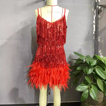 XIEYINSHE Gy2186 Fashion Tassel Sequins Feather Stitching Dress Dress  in Stock