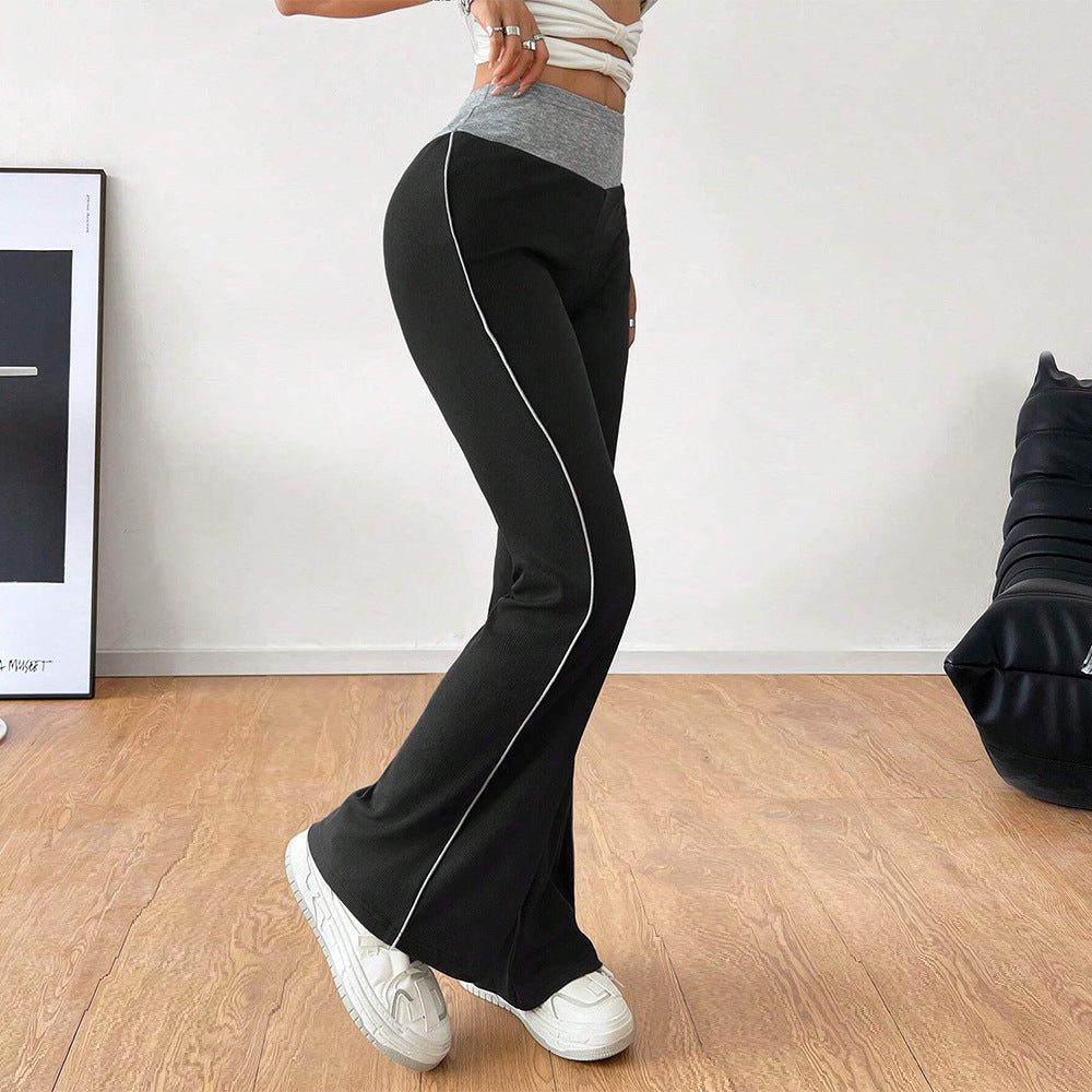 popular International Station Cross-border Women's Versatile Commuter Tights Casual Pants Autumn and Winter Elastic Waist Contrast Color Wide Leg Pants