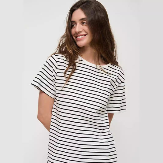 VLOVELAW  striped T-shirt 2025 popular summer women's new temperament commuting versatile round neck black and white striped short-sleeved T-shirt