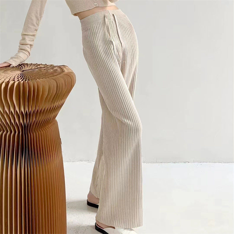 VLOVELAW Lazy pit strip white knitted wide-leg pants women's autumn and winter high waist drape straight loose casual versatile floor-mopping trousers