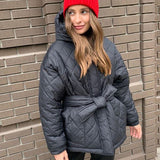 Cross-border foreign trade independent station Europe, America, autumn and winter hooded cotton-padded clothes, solid color warm jacket, top, women's single-breasted buckle with belt