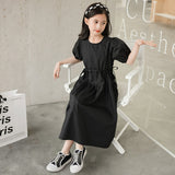 VLOVELAW Girls Dress Korean Style Medium and Large Children's Casual Waist Shrinking Short Sleeve Princess Dress Summer Girls Western Style Parent-Child Clothes