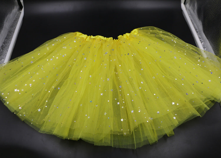 VLOVELAW Dance Tutu Skirt Children's Day Performance Skirt Princess Dress Girl's Three-Layer Mesh Sequins Five-Pointed Star Half-Length Pettiskirt