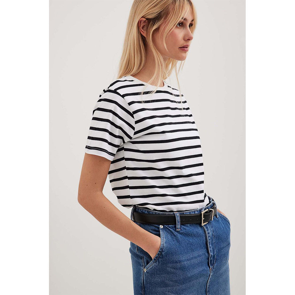 VLOVELAW  striped T-shirt short-sleeved Popular, 2025, spring and summer popular new versatile simple and loose pure cotton round neck striped short sleeves