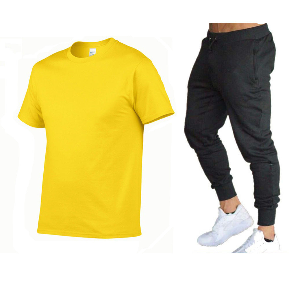 VLOVELAW  Summer Men's Solid Color Simple Set Crew Neck Cotton T-Shirt + Trousers Fashion Hundred. Match Two-piece Set