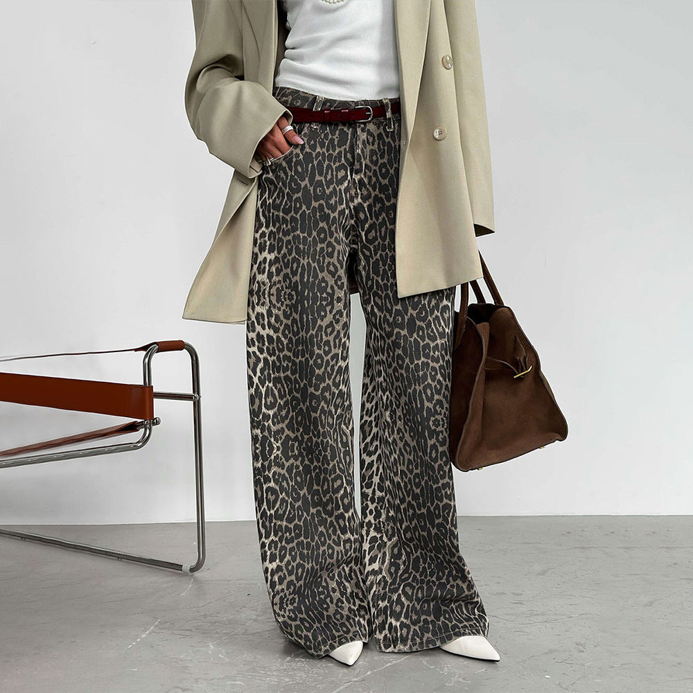 KKBOXLY Cross-border leopard print wide-leg pants Europe and America New autumn new Y2K loose casual mopping leopard print wide-leg pants