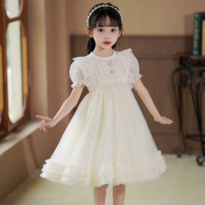 Girls' Dress Summer New Baby Puff Sleeve Lace Princess Dress Children's Performance Dress Puff Gauze Skirt