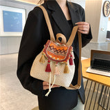 Ethnic Style Cross-Border Backpack for Women  New Wholesale Weave Vintage Bag Fashion Color Contrast Casual Travel Bag