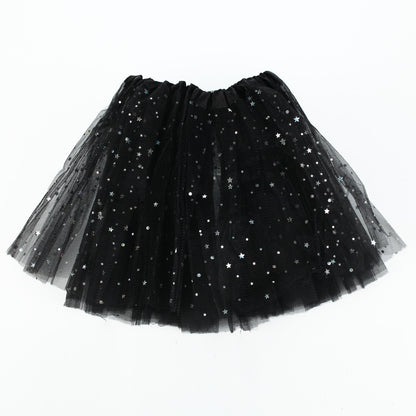 VLOVELAW Dance Tutu Skirt Children's Day Performance Skirt Princess Dress Girl's Three-Layer Mesh Sequins Five-Pointed Star Half-Length Pettiskirt