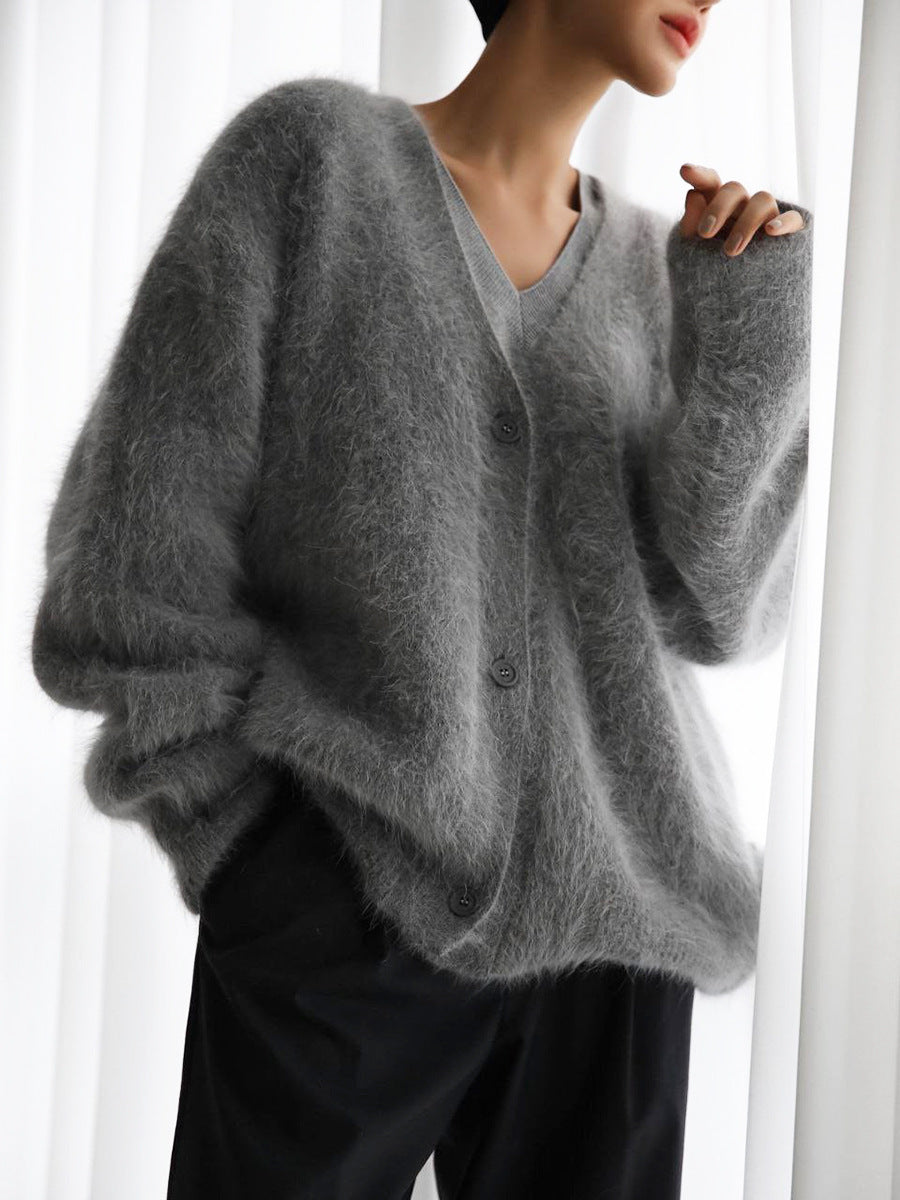 KKBOXLY Cross-border imitation mink knitted sweater cardigan Europe and America New autumn and winter lazy loose long-sleeved V-neck sweater jacket women