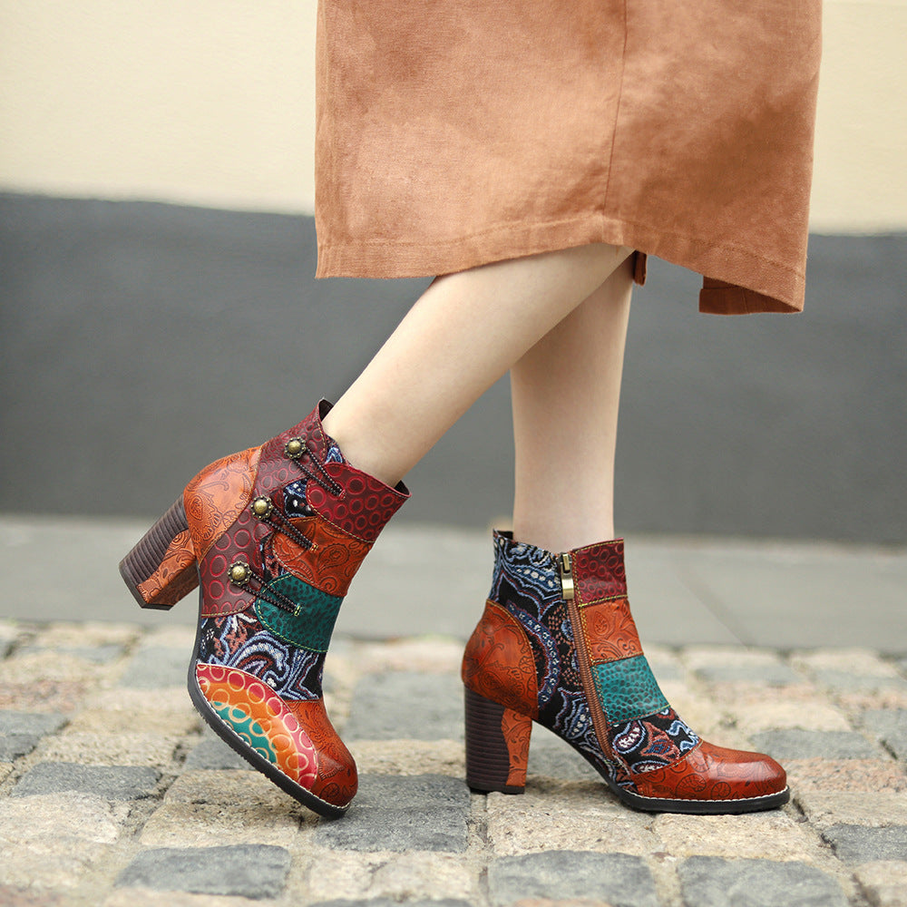 Export Four Seasons Fashion Leather Stitching Women's Shoes Jacquard Techniques Fashion Comfortable Thick Heel Women's Short Boots