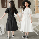 VLOVELAW Girls Dress Korean Style Medium and Large Children's Casual Waist Shrinking Short Sleeve Princess Dress Summer Girls Western Style Parent-Child Clothes