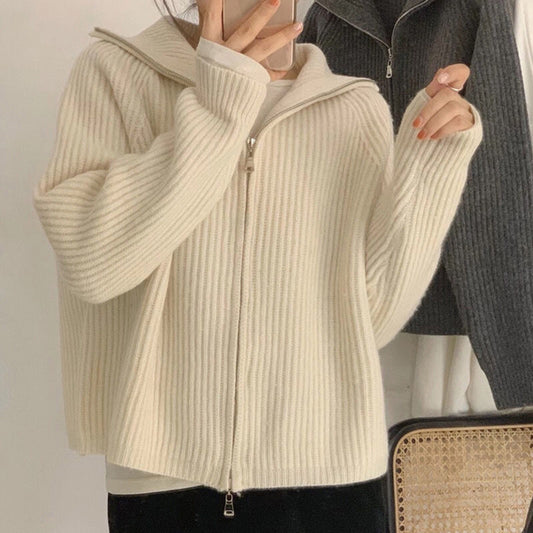 Hong Kong style design double zipper knitted cardigan fashion casual jacket autumn and winter college lapel sweater women's clothing