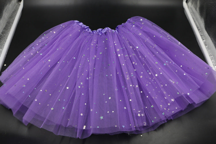 VLOVELAW Dance Tutu Skirt Children's Day Performance Skirt Princess Dress Girl's Three-Layer Mesh Sequins Five-Pointed Star Half-Length Pettiskirt