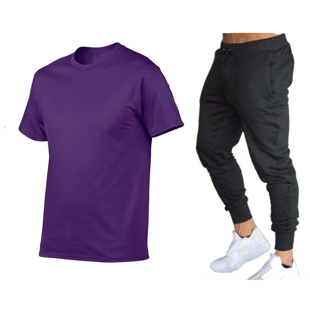 VLOVELAW  Summer Men's Solid Color Simple Set Crew Neck Cotton T-Shirt + Trousers Fashion Hundred. Match Two-piece Set