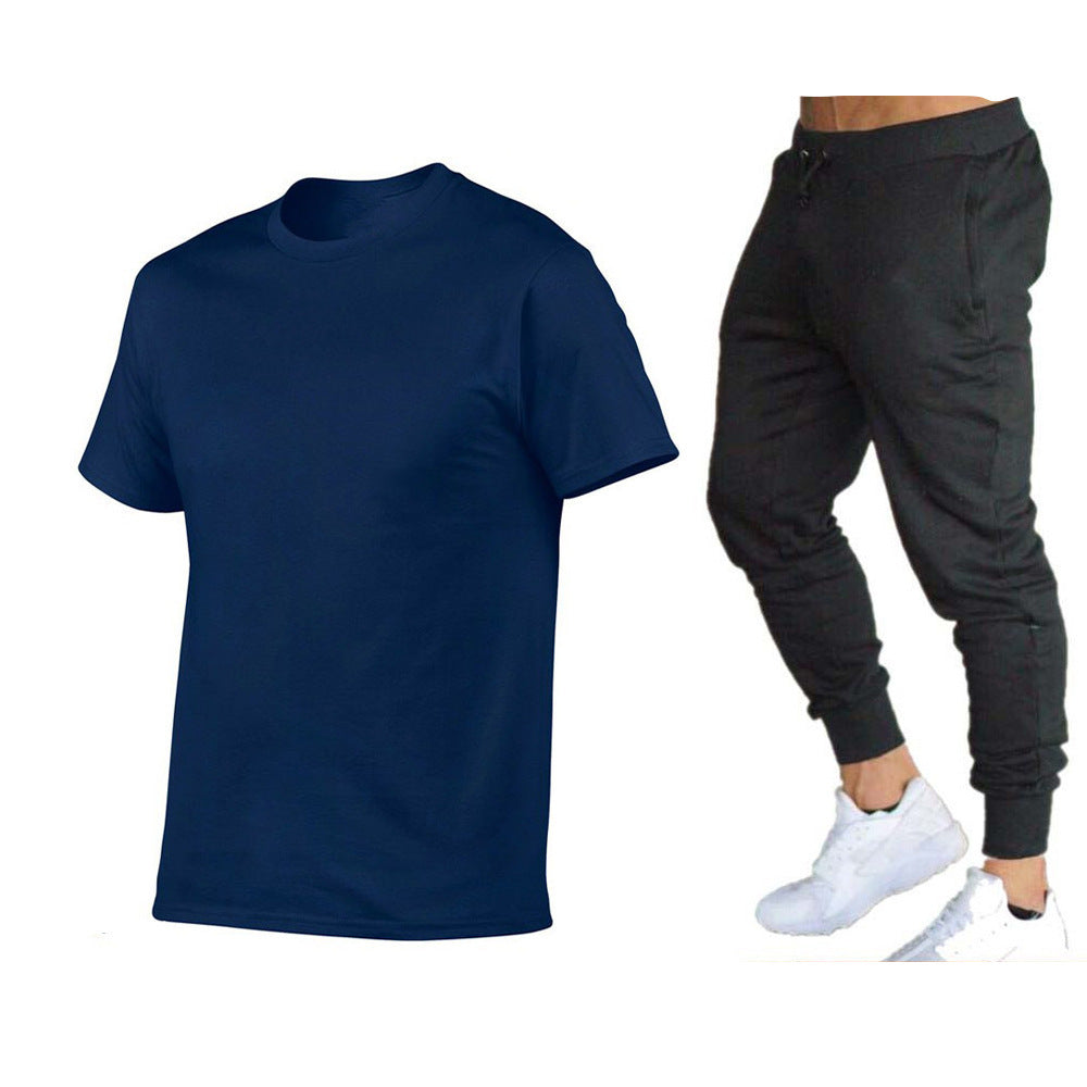 VLOVELAW  Summer Men's Solid Color Simple Set Crew Neck Cotton T-Shirt + Trousers Fashion Hundred. Match Two-piece Set