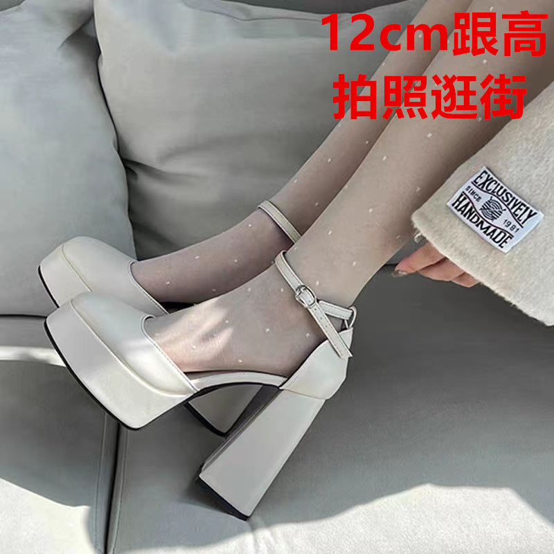 Super High Heels Barbie Shoes Women's  New Spring and Autumn Beige Closed Toe Mary Jane Chunky Heel Sandals Wedding Shoes