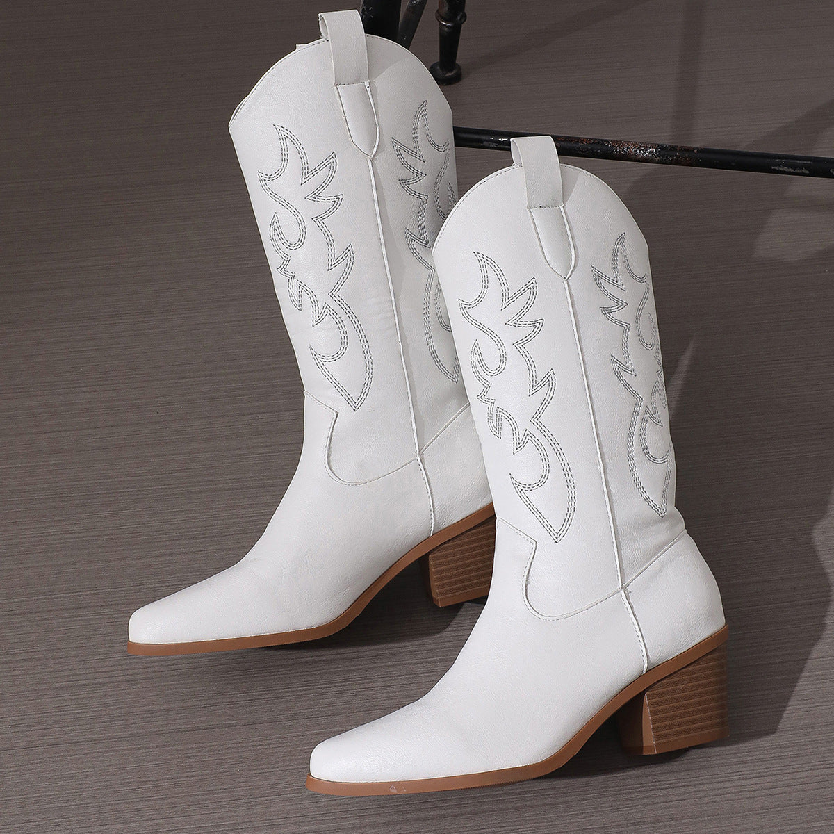 Cross-Border Foreign Trade plus Size Boots Women's Chunky Heel Pointed Toe High Leg Boot High Heel Boots White Western Denim Knight Boots