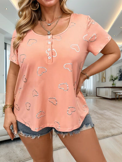 VLOVELAW European and American Temu Cross-Border Wish Foreign Trade Women's Clothing round Neck Button Heart Printing Women's Short Sleeve Loose T-shirt