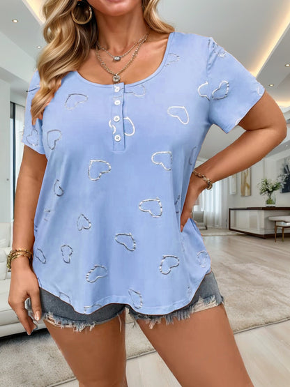 VLOVELAW European and American Temu Cross-Border Wish Foreign Trade Women's Clothing round Neck Button Heart Printing Women's Short Sleeve Loose T-shirt