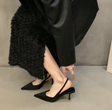 VLOVELAW  High Heel Black Closed Toe Sandals Fairy Shoes  Spring and Summer Niche High-Grade Satin Pointed Toe Pumps