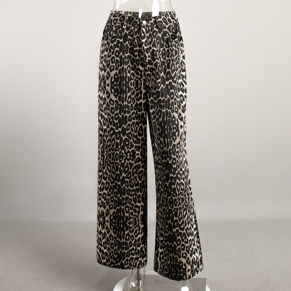 KKBOXLY Cross-border leopard print wide-leg pants Europe and America New autumn new Y2K loose casual mopping leopard print wide-leg pants