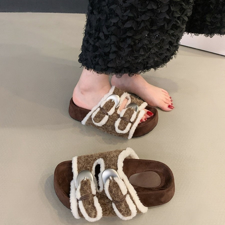 Thick-soled fluffy shoes for women to wear outside popular new autumn and winter gentle fairy buckles to increase the height of one pedal and cotton slippers