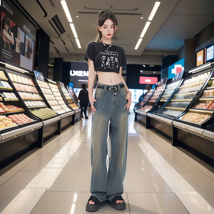 Hey Jeans Vintage Starry Sky Pattern Jeans Women's Spring and Autumn High Waist Loose and Slimming Wheat Wide-Leg Pants