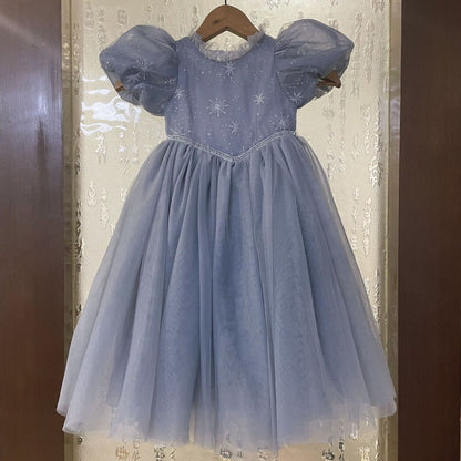 VLOVELAW Frozen Princess Elsa Elsa Puff Sleeve Gauze Dress Spring and Summer Girls' Princess Dress Dress Birthday Cloak Gift