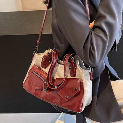 vlovelaw Cross-Border Retro HOT and NEW Large Capacity Shoulder Bag  New Crossbody Bag Stitching Women's Bag Simple Soft Leather Tote