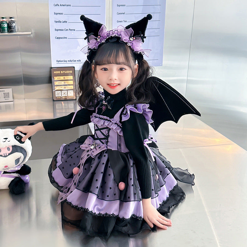 VLOVELAW Girls Clow M Lolita Princess Dress Halloween Autumn and Winter Long Sleeve Cos Costume Wings Children Luminous Skirt