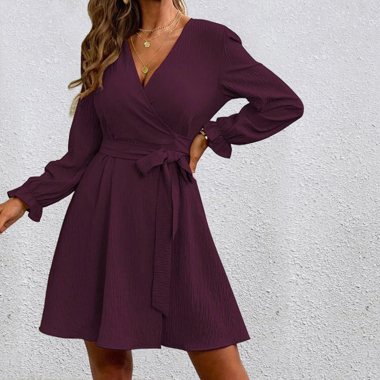 XIEYINSHE Europe and America Cross Border Foreign Trade  EBay Solid Color Chest Wrap Slit Collar Drawstring Lantern Sleeve Dress