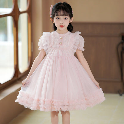 Girls' Dress Summer New Baby Puff Sleeve Lace Princess Dress Children's Performance Dress Puff Gauze Skirt