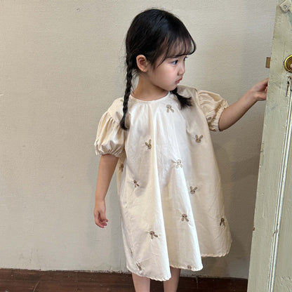 Girl Dress Summer Pure Cotton Embroidered Rabbit Kids' Skirt 2025 New Summer Short Sleeve Baby Princess Dress