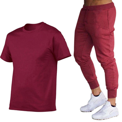 VLOVELAW  Summer Men's Solid Color Simple Set Crew Neck Cotton T-Shirt + Trousers Fashion Hundred. Match Two-piece Set