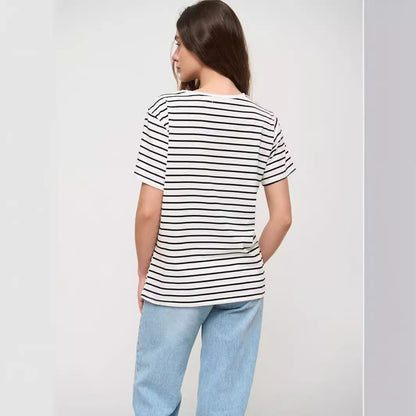 VLOVELAW  striped T-shirt 2025 popular summer women's new temperament commuting versatile round neck black and white striped short-sleeved T-shirt