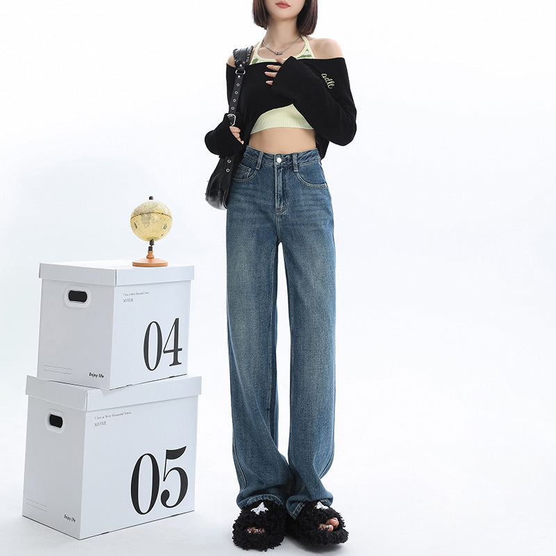 Retro Blue Narrow Wide-Leg Jeans for Women 2024 Summer New Small High Waist Drooping Baggy Straight Trousers