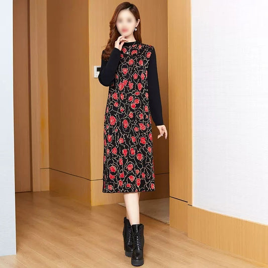 VLOVELAW Long-sleeved knitted dress for women's autumn and winter new middle-aged mother, 2025 style loose straight tube with coat sweater skirt