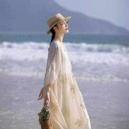 VLOVELAW Spring and Summer Loose Ramie High-End Machine Embroidery  Style V-neck Travel Elegant Fairy White Dress