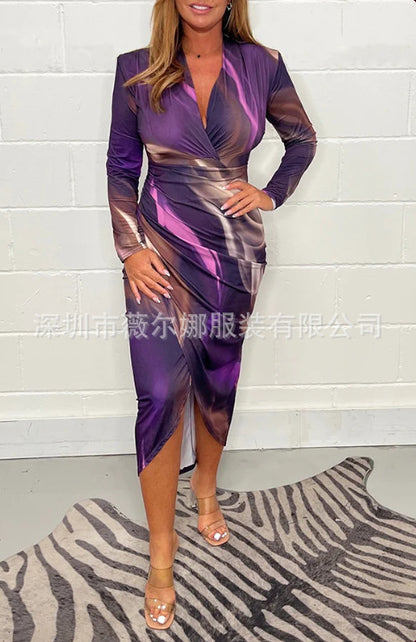 XIEYINSHE Fall  European and American  Cross-Border Foreign Trade New V-neck Fashion Printed Slim Fit Long Sleeve Narrow Dress