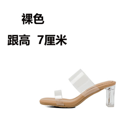 Sheepskin Droppings Transparent High Heel Women's Sandals  New Summer Outdoor Slippers Mid Heel Chunky Heel Crystal Heel Shoes