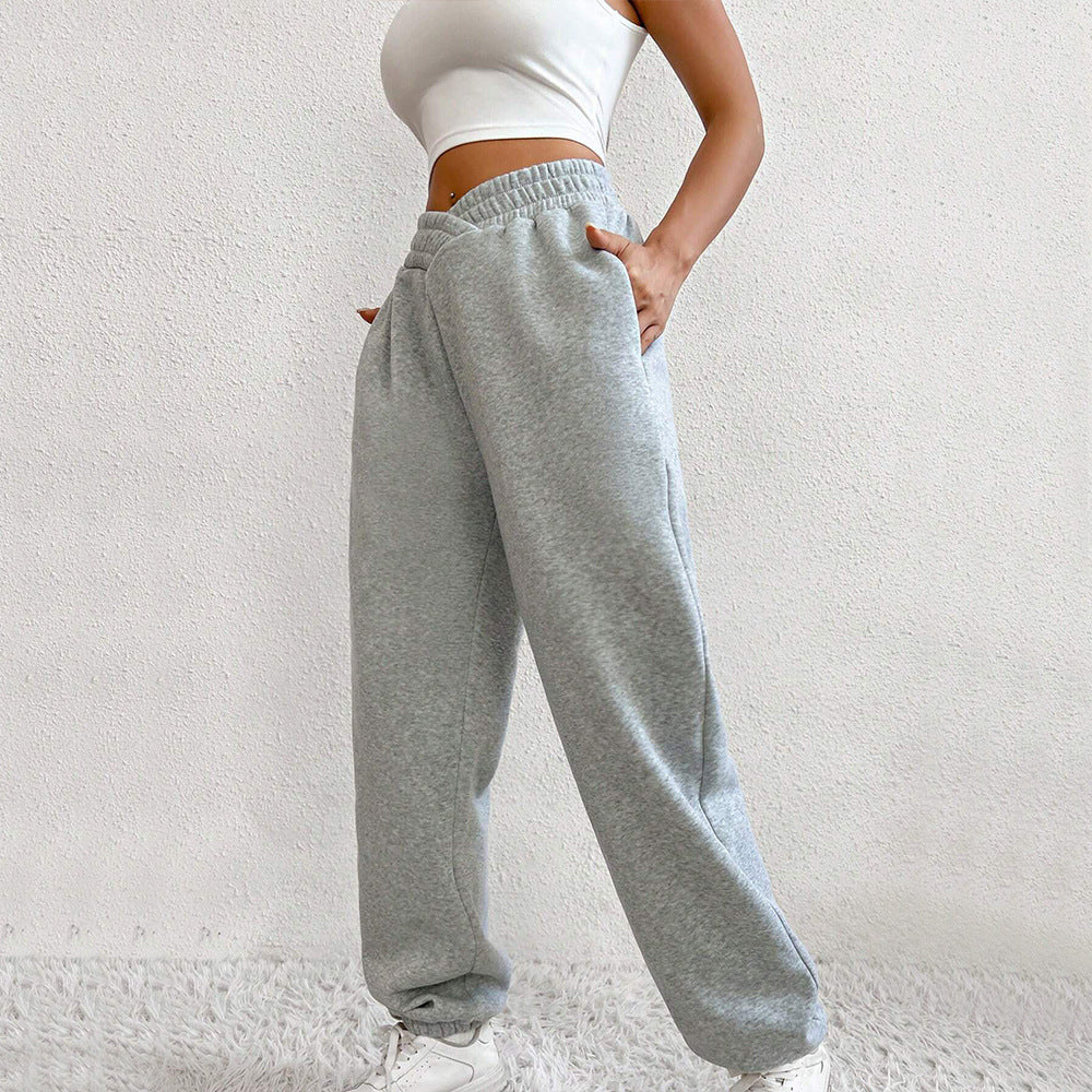 New  women's clothing sports and leisure style tied casual pants autumn and winter high-waisted velvet V-waist trousers