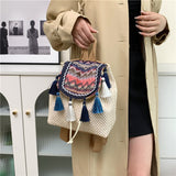 Ethnic Style Cross-Border Backpack for Women  New Wholesale Weave Vintage Bag Fashion Color Contrast Casual Travel Bag