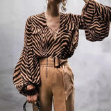 VLOVELAW European and American Women's Clothing Spring and Summer New  Ins Internet Celebrity Same Style Zebra Prints V-neck Lace-up Long Sleeve Shirt