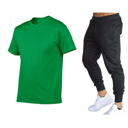 VLOVELAW  Summer Men's Solid Color Simple Set Crew Neck Cotton T-Shirt + Trousers Fashion Hundred. Match Two-piece Set