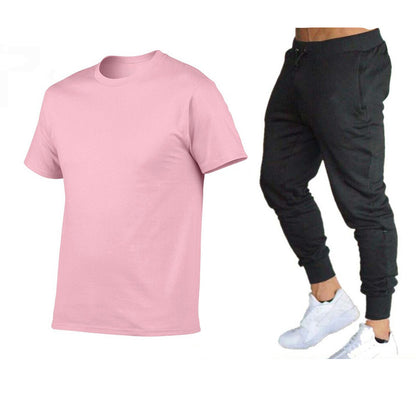 VLOVELAW  Summer Men's Solid Color Simple Set Crew Neck Cotton T-Shirt + Trousers Fashion Hundred. Match Two-piece Set